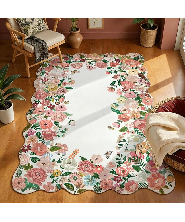 Wonnitar Washable 5x7 Rug for Living Room, Pink Camellia Floral Rugs for Bedroom Girls, Non-Slip Soft Scalloped Flower Floor Carpet for Kids Nursery Room Decor(Pink,5'x7')
