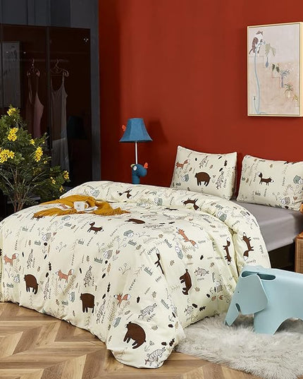 CLOTHKNOW Yellow Animal Twin/Twin XL Comforter Set 3Pcs Kids Bedding Comforter Sets Soft Cartoon Comforter Fox Rabbit Beige Bedding with 2 x Pillow Cases