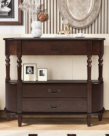 HMFULE Solid Wood Retro Curved Console Table, 43" Half Moon Console Table Sofa Table Entryway Table with 3 Drawers Open Shelf Pine Roman Legs Curved Corners for Living Room,Entryway,Hallway,Espresso