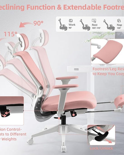 Foldable Office Chair with Foot Rest, Ergonomic Office Chair with Adjustable Lumbar Support, Headrest, Armrest, Home Office Desk Chair for Space Saving, Work from Home, Pink