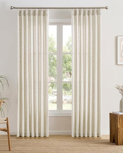 RAIN CITY Extra Long Pleated Sheer Curtains 144 Inches Long 12 Feet Length, Memory Trained Luxury Drapes for Tall Window Thick Linen Textured Cream Light Filtering Privacy Neutral Panels Set of 2