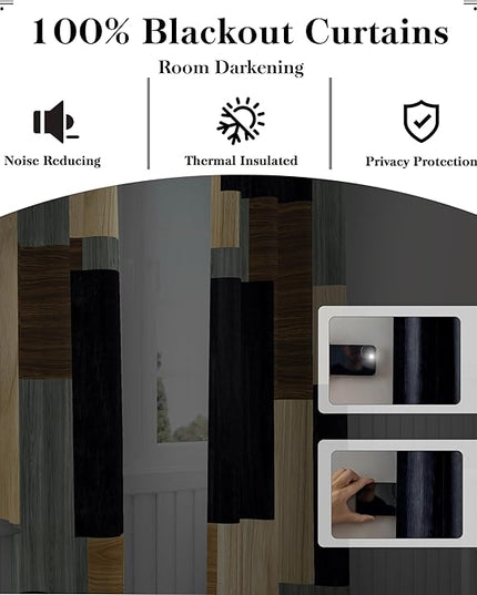 Wood Print Retro 100% Blackout Curtains for Bedroom 84 inch Long 2 Panels Set Modern Abstract Geometric Black Out Curtains Insulated Room Darkening Window Drapes for Living Room, 52Wx84L