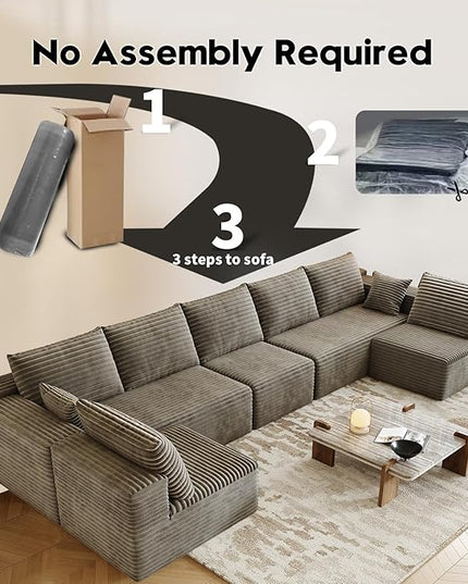 168.5" Modular Sectional Sofa, Oversized U-Shaped Minimalist Couches with 3 Middle Seats Chaise, Modern Deep Seat Convertible Sleeper Sofa, Cloud Plush Corduroy Fabric,7 Seater, Camel