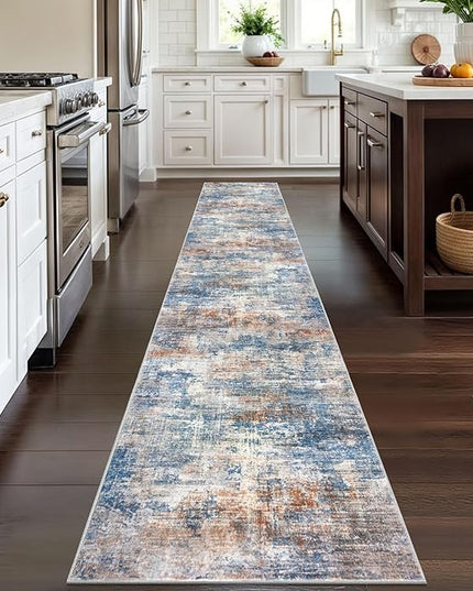 IOHOUZE Abstract Runner Rug 2x12 Ft Washable Runners for Hallways, Non Slip Kitchen Runner Printed Faux Wool Entryway Runner Indoor, Modern Abstract Floor Carpet for Hall Kitchen, Blue Rust