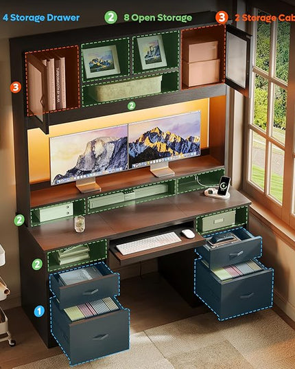 Bestier 77.8" H Executive Desk with Hutch, Modern Wood Computer Desk with Drawers, Charging Station, LED Light, Fluted Storage Cabinet, Keyboard Tray, 59" W Office Desk for Home Office, Black