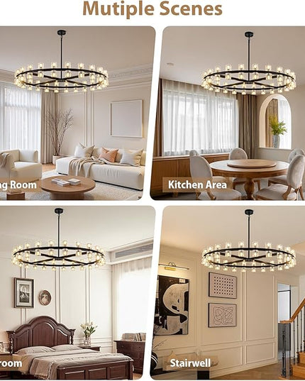 48'' Modern Large Chandelier, 48-Light Elegant Crystal Chandeliers for Dining Room, Black Farmhouse Round Wagon Wheel Pendant Lighting Fixture with Glass Shade for Living Room High Ceilings Entryway