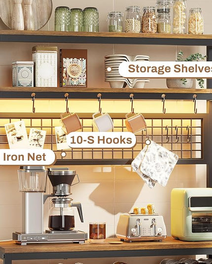 Itaar Bakers Rack with Power Outlet, 6-Tier Coffee Bar, Microwave Stand with Wine Rack, LED Lights and 10 Hooks, Bakers Racks for Kitchens with Storage, Rustic Brown