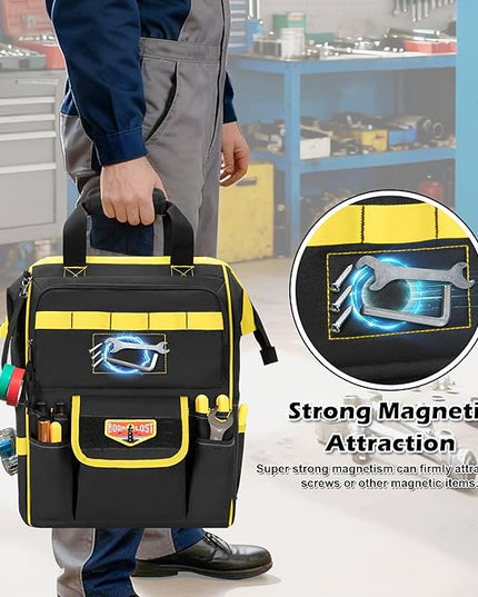 Tool Bag Backpack with Zipper Pouch and Magnetic Attraction Area, Heavy-Duty Tool Storage Organizer Bag, Tactical Work Tool Bag for Electrician, Repairman, HVAC Techs, Black