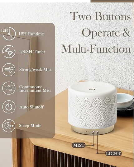 Ceramic Essential Oil Diffuser 280ml- Aromatherapy Diffuser with Ultrasonic Cool Mist Humidifier, Night Light, Timer, Auto Shut-Off, Large Room Aroma Diffuser for Home, Bedroom, Office, Yoga