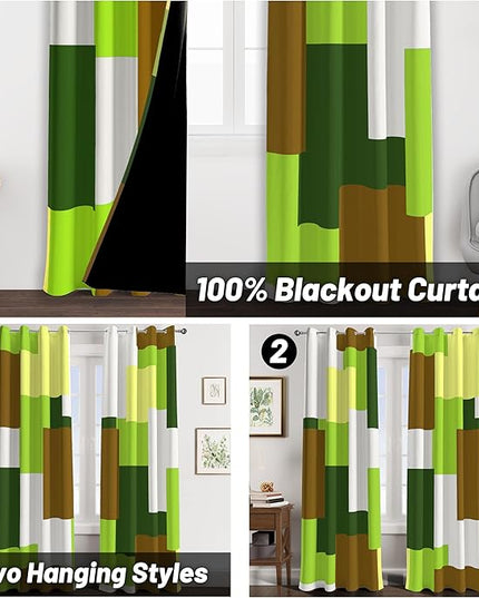 Avocado Green 100% Blackout Curtains for Bedroom 84 inch Long 2 Panels Set White Modern Abstract Geometric Black Out Curtains Insulated Room Darkening Window Drapes for Living Room, 52Wx84L