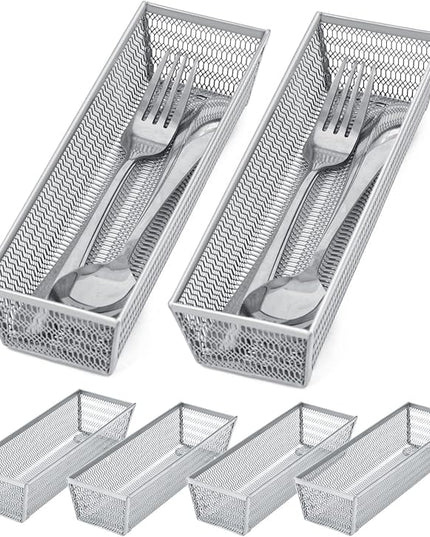 Neudeco Silverware Organizer,Mesh Drawer Organizer for Kitchen，Metal Utensil Organizer for Flatware, Knives, Spoons,Cosmetic (Silver 9 * 3 * 2 inch Pack6)