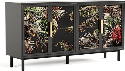 GDFStudio 60.3" Retro Buffet Sideboard Cabinet with 4 Glass Doors, Modern Glazed Painting Art Storage Cabinet Console Table, Artistic Tropical Glass Credenza Buffet for Living Room Dining Room, Black