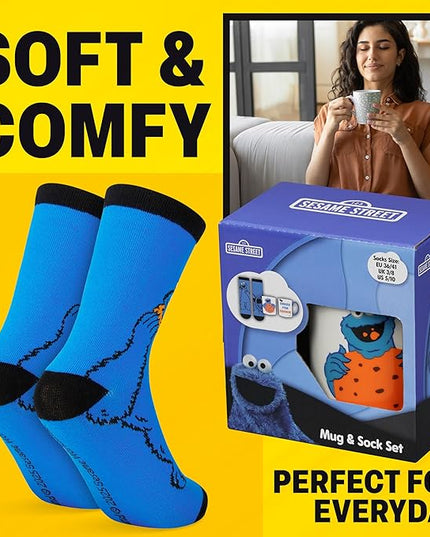 Get Trend Sesame Street Coffee Mug and Socks Set, 11.5 oz Ceramic Cup with Crew Socks, Elmo Drinkware Christmas, Secret Santa Gifts for Women (Multi Cookie Monster)