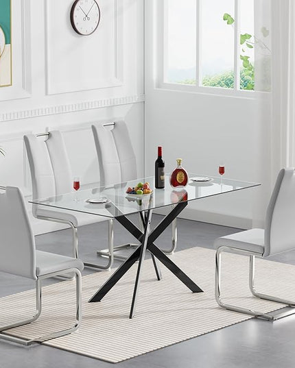 5 Piece Glass Dining Table Set, Glass Kitchen Dining Room Table Set for 4, 61" Modern Rectangular Black Glass Metal Dining Table with 4 Grey PU Leather Dining Chairs for Kitchen Dining Room