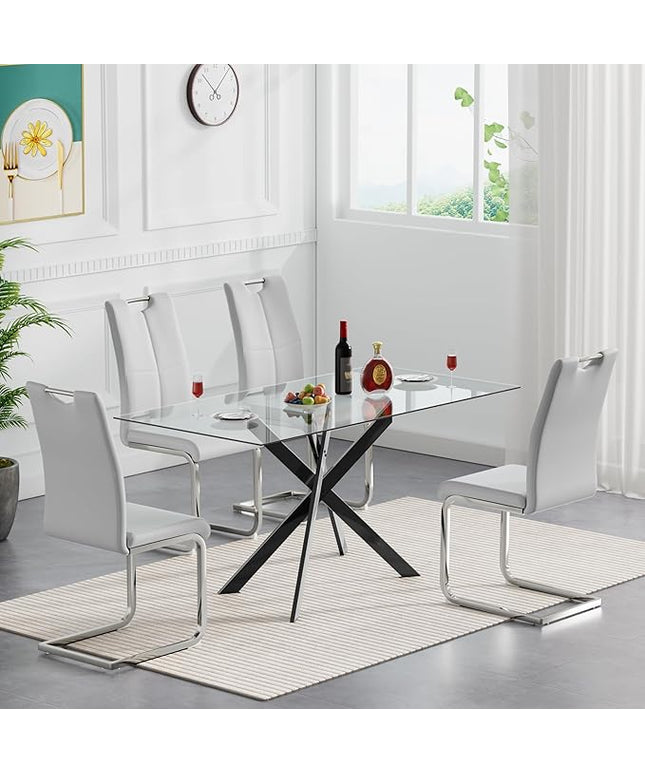 HomVent 5 Pieces Rectangular Glass Dining Table Table Set, Glass Kitchen Table Set for 4 with 4 PU Dining Chairs for Kitchen Dining Room