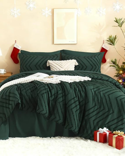Litanika King Size Comforter Set with Sheets Dark Emerald Green - 7 Pieces Bed in a Bag King Chevron Tufted Complete Bedding Sets with Comforter, Sheets, Pillowcases & Shams