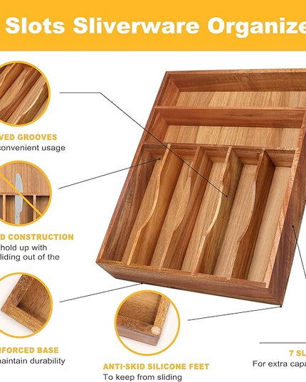 Kitchen Acacia Silverware Organizer - Extra Deep Grooved Drawer Divider, 7 Slot Utensil Organizer