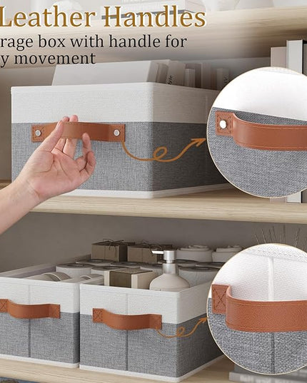 OUTBROS Storage Bins,Foldable Storage Baskets for Organizing,Fabric Storage Boxes With Handles,For bedrooms, living rooms, Shelves,Gray/White,15x6.1x5.1in,6-Pack