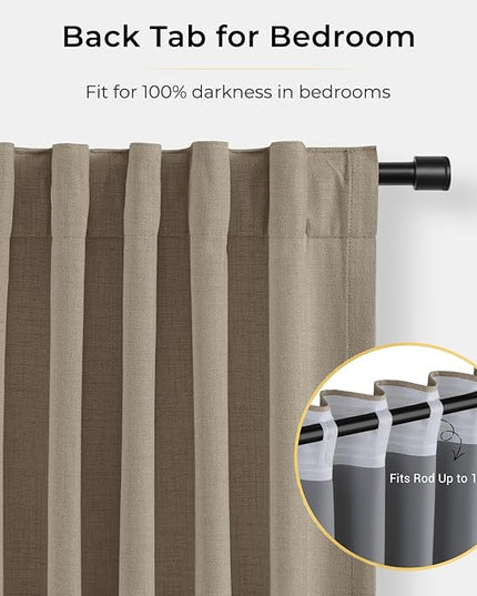 INOVADAY 100% Blackout Curtains for Bedroom, Black Out Curtains 108 Inch Long, Clip Rings Linen Blackout Drapes, Thermal Insulated Room Darkening for Living Room, 2 Panels - Earthy Beige,W50xL108