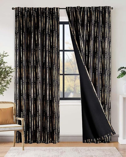 jinchan 95% Blackout Boho Curtains 84 Inch Long for Bedroom Christmas Curtains Moon Phases Printed Festive Holiday Golden on Black Drapes Rod Pocket Back Tab Curtains 2 Panels