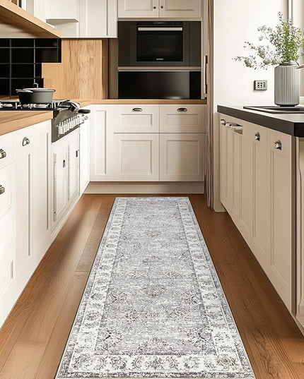 jinchan Fiora Runner Rug 2x6 Machine Washable Hallway Rug Grey Vintage Floral Print Non-Slip Low Pile Ultra-Thin for Kitchen, Entryway, Laundry Room, Bedroom, Farmhouse (2‘x6’, Grey)