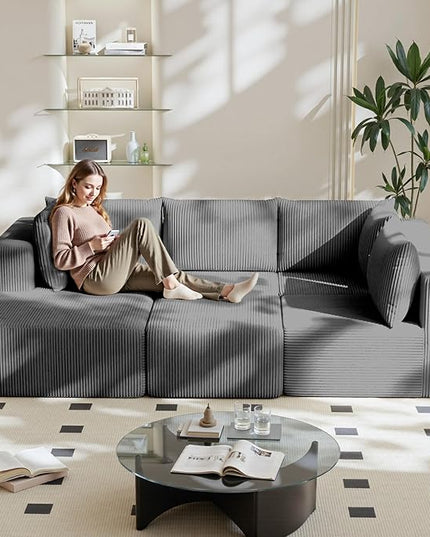 138" Boneless Couches for Living Room, Modular Cloud Couch Sofa - 5 Pieces U Shap Corduroy Sectional Sofa, Fluffy Memory Foam Sleeper Sofa Furniture, No Assembly, Wide Armrest, Grey