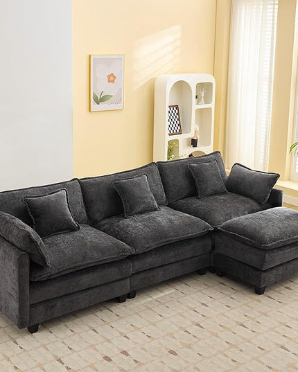 111'' Sectional Cloud Deep Seat Couch, Modern Comfy Chenille L Shaped Sectional Sofa for Living Room Set, Upholstered Modular 4-Seats Sofa Couch with Movable Ottoman, Dark Grey
