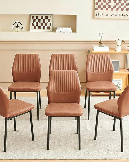 Dining Chairs Set of 6, Brown PU Leather Dining Chairs, Comfortable Upholstered Armless Kitchen Chairs with Black Metal Legs for Living Room, Dining Room, Kitchen