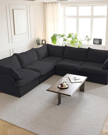 JACH V Shape Modern Sectional Couch, Convertible Sectional Sofas Couches, Minimalist Deep Seat Sofa, Down Fill Modular Sofas for Living Room, Office, Apartment (5-Seat, Black)
