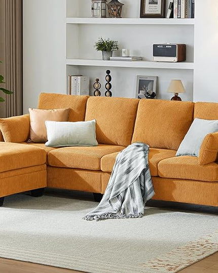 CHIC HOUSE Corduroy Modular Sectional Couch with Ottoman Chaise, L/U Shaped Sleeper Sofa for Living Room, Apartment, Lounge, Modern Armrest Neck Support Furniture (5 Seater Sectional, Mustard Yellow)