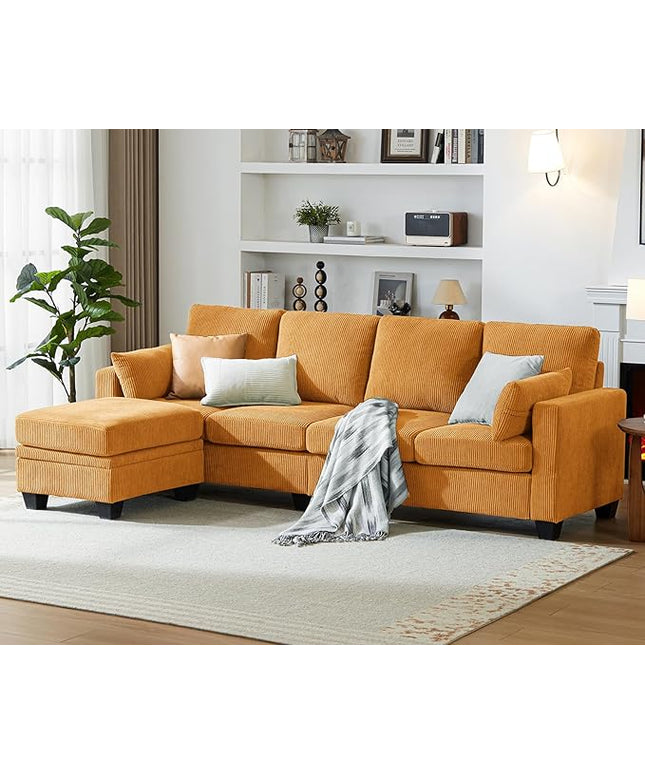CHIC HOUSE Corduroy Modular Sectional Couch with Ottoman Chaise, L/U Shaped Sleeper Sofa for Living Room, Apartment, Lounge, Modern Armrest Neck Support Furniture (5 Seater Sectional, Mustard Yellow)
