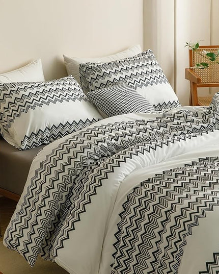 Houseri Black and White Boho Comforter Set Queen Black Wave Farmhouse Bedding Sets Queen Size Women Men Artistic Stripes Geometric Bed Set Soft Comfy Lightweight Quilt Blanket Queen