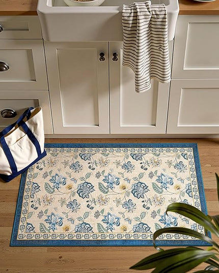 jinchan Elora 2x3 Floral Rug for Entryway Washable Rug Vintage Romance Design Small Mat Non Slip Indoor Doormat Lightweight Low-Profile Throw Carpet for Entrance Bathroom Laundry Room, Blue/Beige