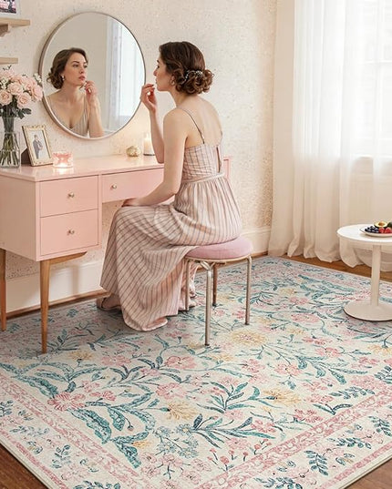 Wonnitar Pink Rugs for Bedroom Girls, 5x7 Washable Rug for Nursery Decor, Boho Soft Floral Carpet Non Slip, Indoor Ultra-Thin Floor Carpet for Baby Kids Room Living Room Dorm