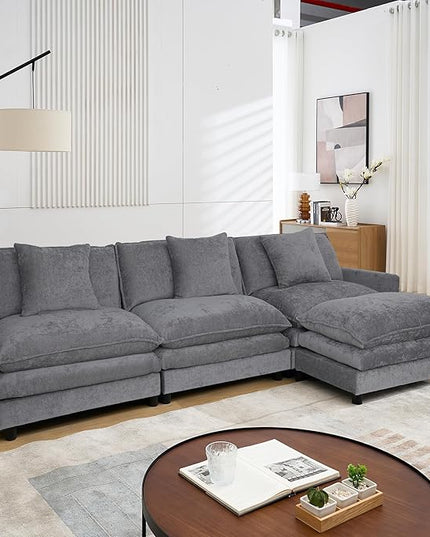 Modular Sectional Sofa,108.27'' Modern Sofa Sleeper Couch with 3 Seat & 1 Ottoman & 3 pillows Sofa Set,Comfy Cloud Couches with Movable Ottoman Deep Seat Sofa for Living Room Chenille (Gray, L Shaped)