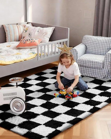 Ophanie Checkered Black & White Rug for Living Room Bedroom, Fluffy Soft Cute Fuzzy Area Rugs, Shag Plush Shaggy Bedside Floor 4x6 Furry Carpet for Kids Baby Teen Dorm Nursery Home Decor Aesthetic