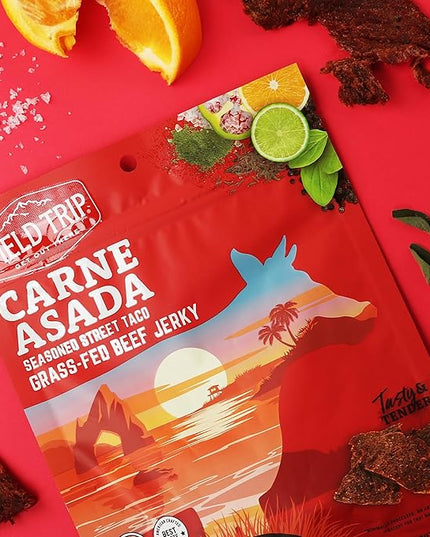 Field Trip Grass Fed Beef Jerky, Healthy Gluten Free Snacks, All Natural, Paleo-Friendly Beef Jerky, High Protein, Low Carb Snack with No Nitrates, 1oz Bag, 12 Pack, Carne Asada