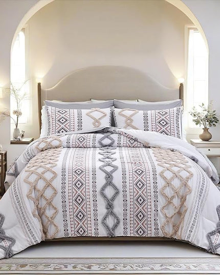MOVE OVER Beige and Gray Tufted Comforter Set King Size 5 Pieces Farmhouse Bedding Set 100% Soft Microfiber Boho Aztec Bedroom Comforter Set Modern Style Ethnic Boho Tufted Bed Set for All Seasons