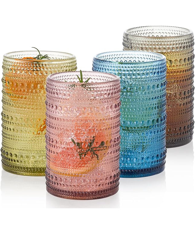 Vintage Glassware Set - 4pcs Multicolor 15.2oz Hobnail Drinking Glasses for Beer, Cocktail, Soda & Juice - Embossed Old Fashioned Glassware with Four Unique Colors