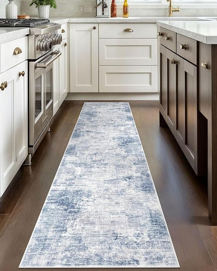 IOHOUZE Abstract Runner Rug 2x8 Ft Washable Runners for Hallways, Non Slip Kitchen Runner Printed Faux Wool Entryway Runner Indoor, Modern Floor Carpet for Hall Kitchen Bedroom, Light Blue White