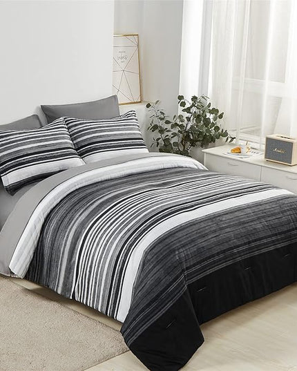 KAKIJUMN 7 Piece Bed in a Bag Stripe Comforter Set Queen Size, White Grey Black Patchwork Striped Comforter and Sheet Set, All Season Soft Microfiber Complete Bedding Sets(Grey,Queen)