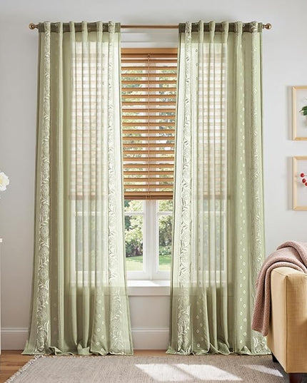 jinchan Winslow Sheer Curtains 96 Inch for Bedroom Living Room Embroidered Bordered Floral Nursery Curtains for Playroom Light Filtering, Ivory on Sage, 2 Panels, 50W x 96L
