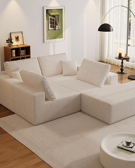 139" Boneless Cloud Sectional Couch for Living Room, Compressed Modular L-Shaped Sofa with Deep Seat, Frameless Corduroy Couch in Boxes, No Assembly Required 4-Seater (Right-Facing Chaise, Beige)