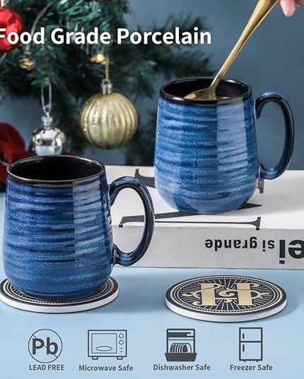 HASENSE Coffee Mugs Set of 2, 12oz Ceramic Glazed Mugs with Handles, Blue Reactive Glazes Tea Cups Gift Set for Men and Women, Includes Gold Spoon & Coaster