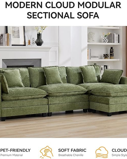 111'' Sectional Cloud Deep Seat Couch, Modern Comfy Chenille L Shaped Sectional Sofa for Living Room Set, Upholstered Modular 3-Seats Sofa Couch with 1 Movable Ottoman, Green