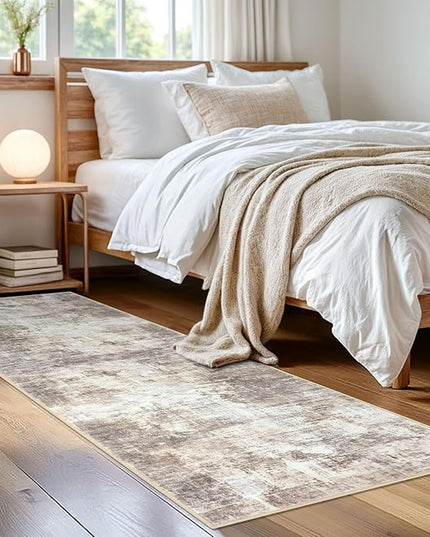 IOHOUZE Abstract Runner Rug 2x6 Ft Washable Runners for Hallways, Non Slip Kitchen Runner Printed Faux Wool Entryway Runner Indoor, Modern Abstract Floor Carpet for Hall Kitchen Bedroom, Beige Brown