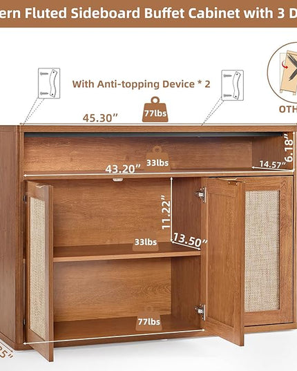 LEYAOYAO Rattan Sideboard Buffet Cabinet,45" Coffee Bar Cabinet with 3 Doors & Open Storage Shelf,Modern Credenza Console Table for Living Room Rattan Farmhouse entryway Brown