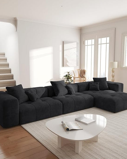JACH 144.1 Inch L-Shaped Modular Sofas, Modern 3-Seater Couch with Chaise Ottoman, Mid Century Modern Sectional Couches, Cozy Sleeper Sofa for Apartment/Living Room (Linen Fabric, Black)
