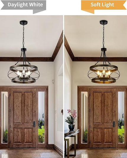 5-Light Farmhouse Chandelier, 17.72" Rustic Drum Dining Room Light Fixture, Bronze Chandeliers Hanging Pendant Lighting, Industrial Candle Chandeliers for Living Room Kitchen Entryway Bedroom
