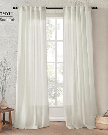 XTMYI 86 Inch Linen Curtains,2 Panels Set Semi Sheer Boho Back Tab Pleated Rod Pocket Curtain Drapes for Living Room Bedroom,Cream Ivory,40x86 in Long
